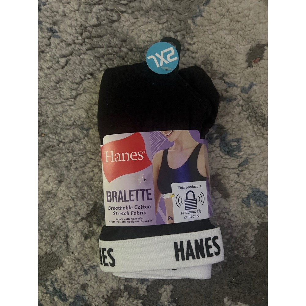 Hanes Womens Bralette 2XL Black Cotton Stretch Scoop Neck Pullover DGB101 NEW